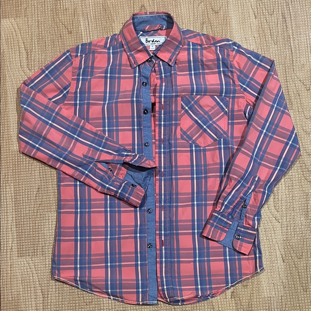 Boden Men's Pink and Blue Plaid Button Down Shirt